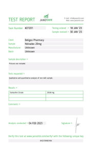 Test de laboratoire Beligas Nolvadex 20 mg